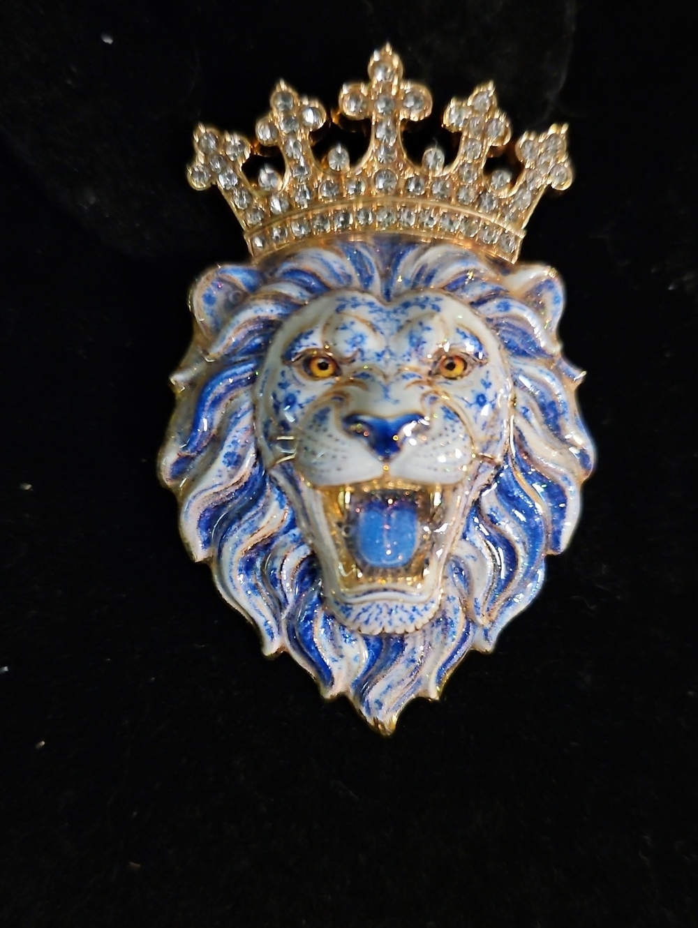 Blue Enamel Lion Head Brooch with Crystal Crown - Men's Accessory
